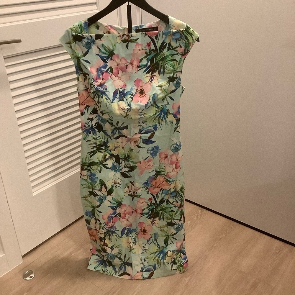 Zara Dress Light Blue Tropical Floral Shift Boat Neck Dress Resortwear Wedding